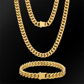 【NEW】8mm Miami Cuban Link Curb Chain and Bracelets Set with Hook Buckle Clasp in 18K Gold