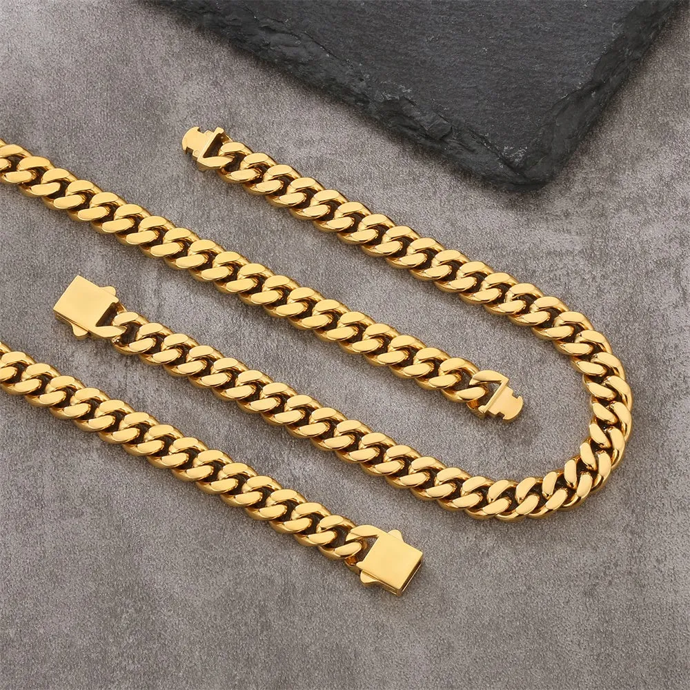 【NEW】8mm Miami Cuban Link Curb Chain and Bracelets Set with Hook Buckle Clasp in 18K Gold