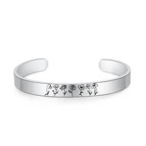 Personalized Engraved Birth Flower Cuff Bangles for Women Stainless Steel Customized Birth Month Bracelets Gifts for Girlfriend