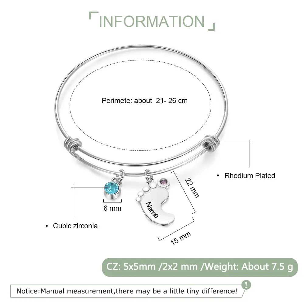 Personalized Engraving Name Baby Feet Bracelets & Bangles for Women Customized 2 Birthstones Charm Bracelets Mom Gifts