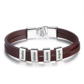 Personalized Engraving Name Bead Bracelet Brown Black Leather Stainless Steel Customized Bracelets for Men Fathers Day Gift