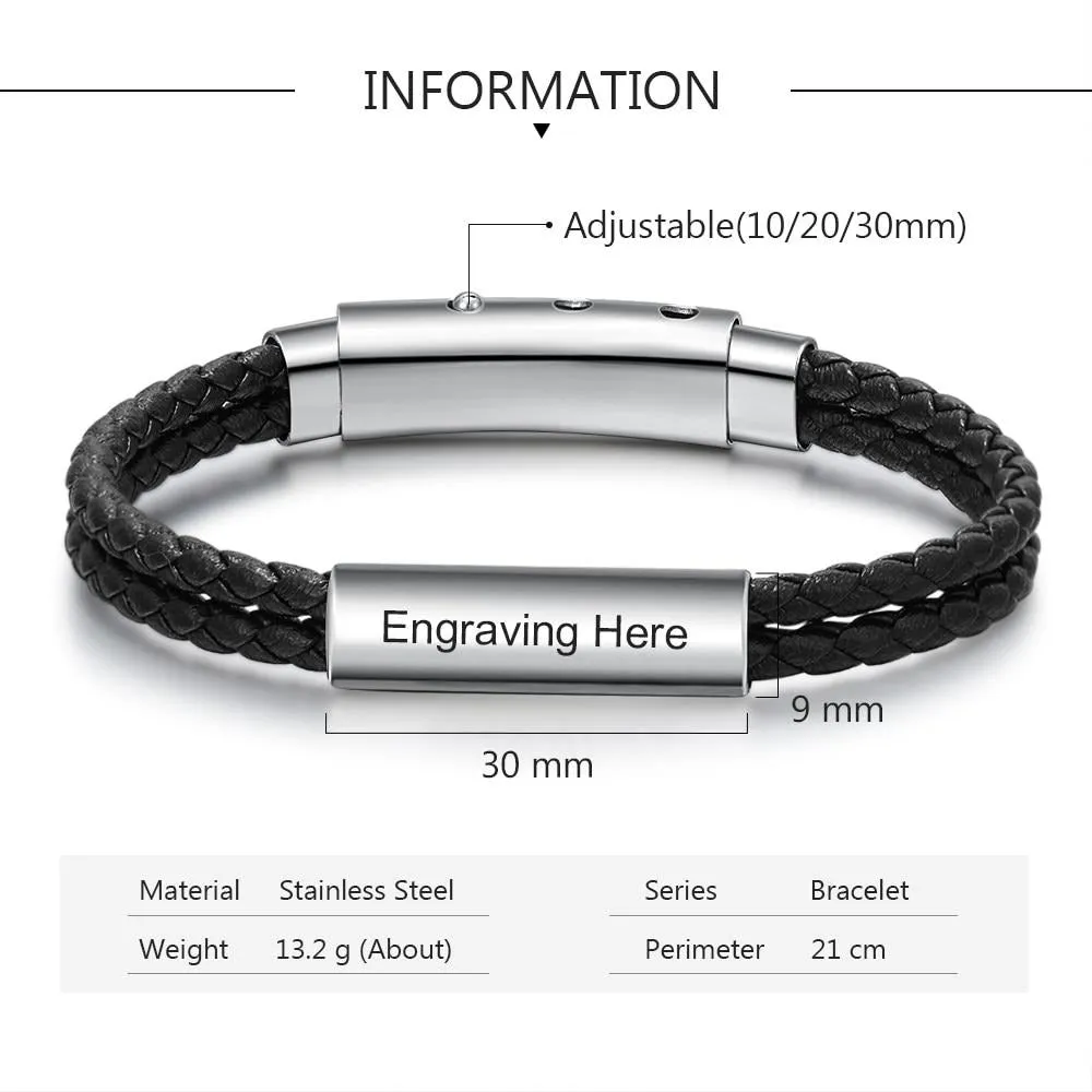 Personalized Name Bar Black Leather Bracelets For Men