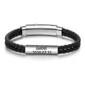 Personalized Name Bar Black Leather Bracelets For Men