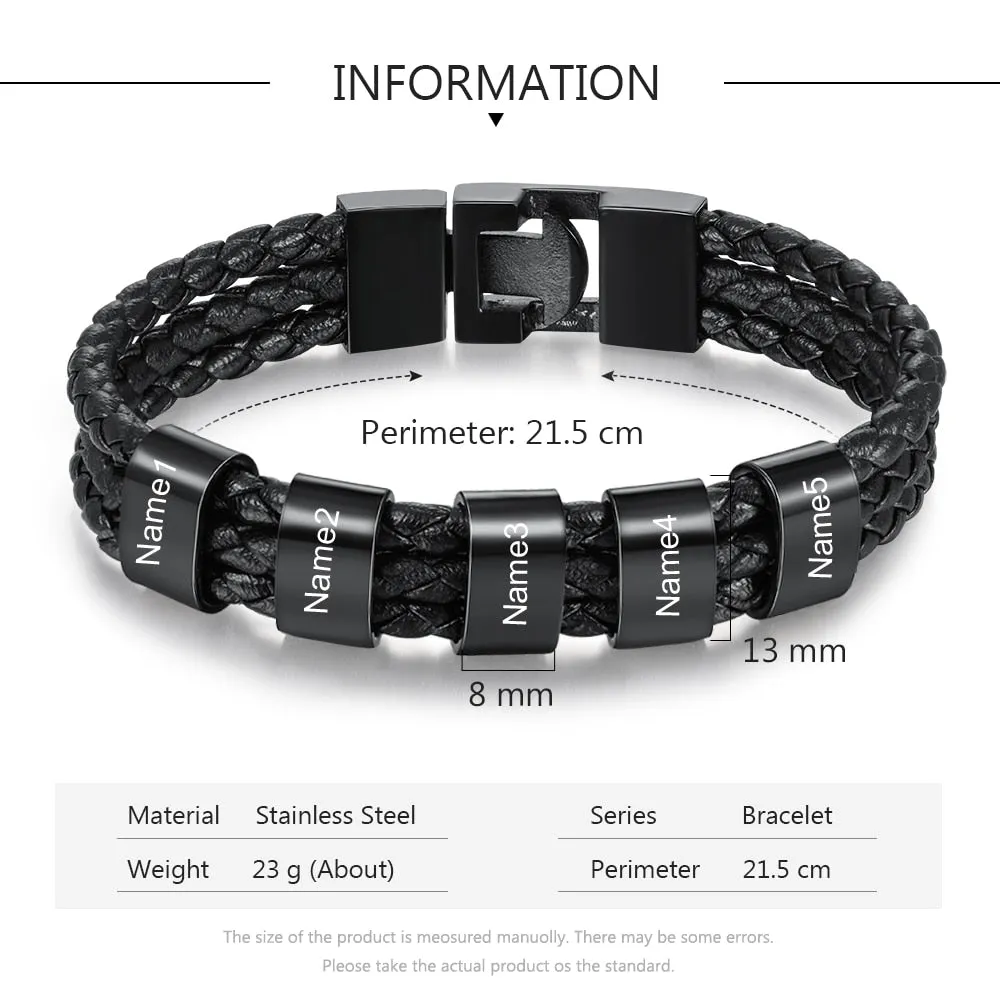 Personalized Stainless Steel Engraved 5 Names Bracelet Custom Black Braided 3-Layered Leather Bracelets for Men Father