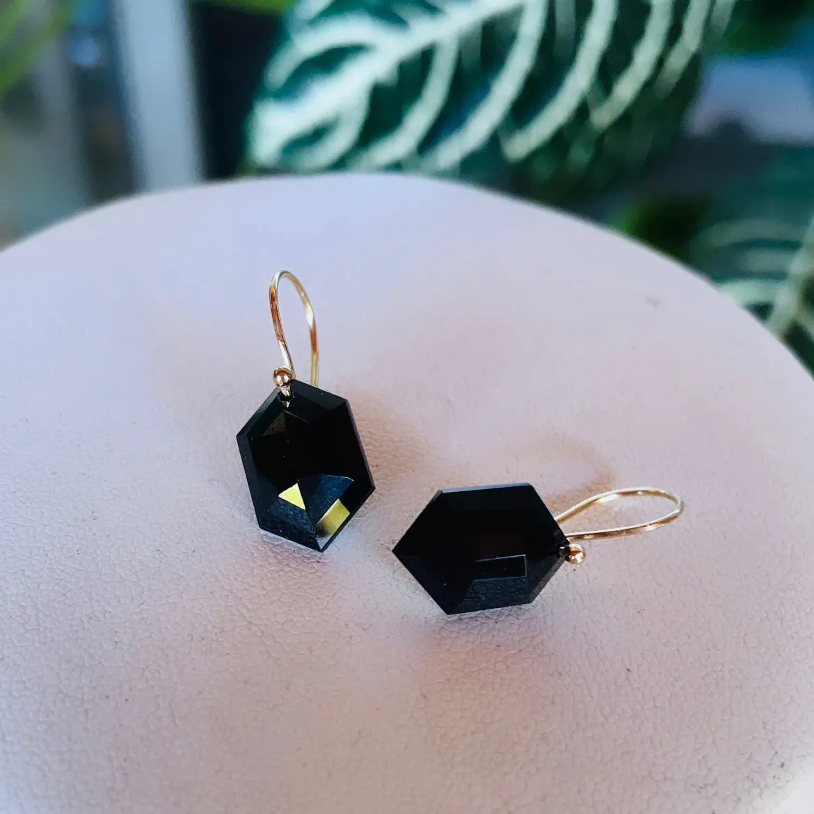 Petite hexagon black spinel earrings