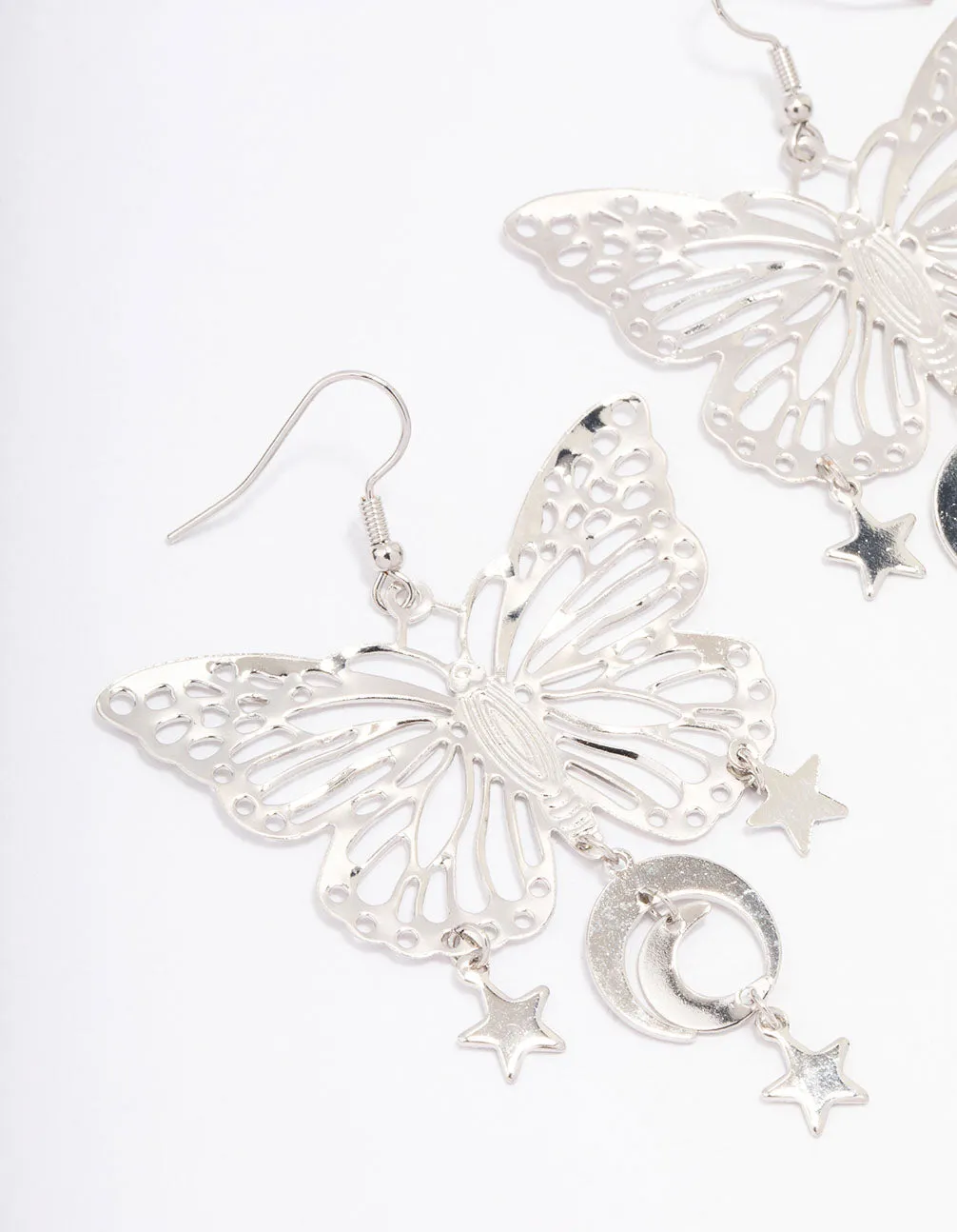 Rhodium Butterfly Moon Drop Earrings