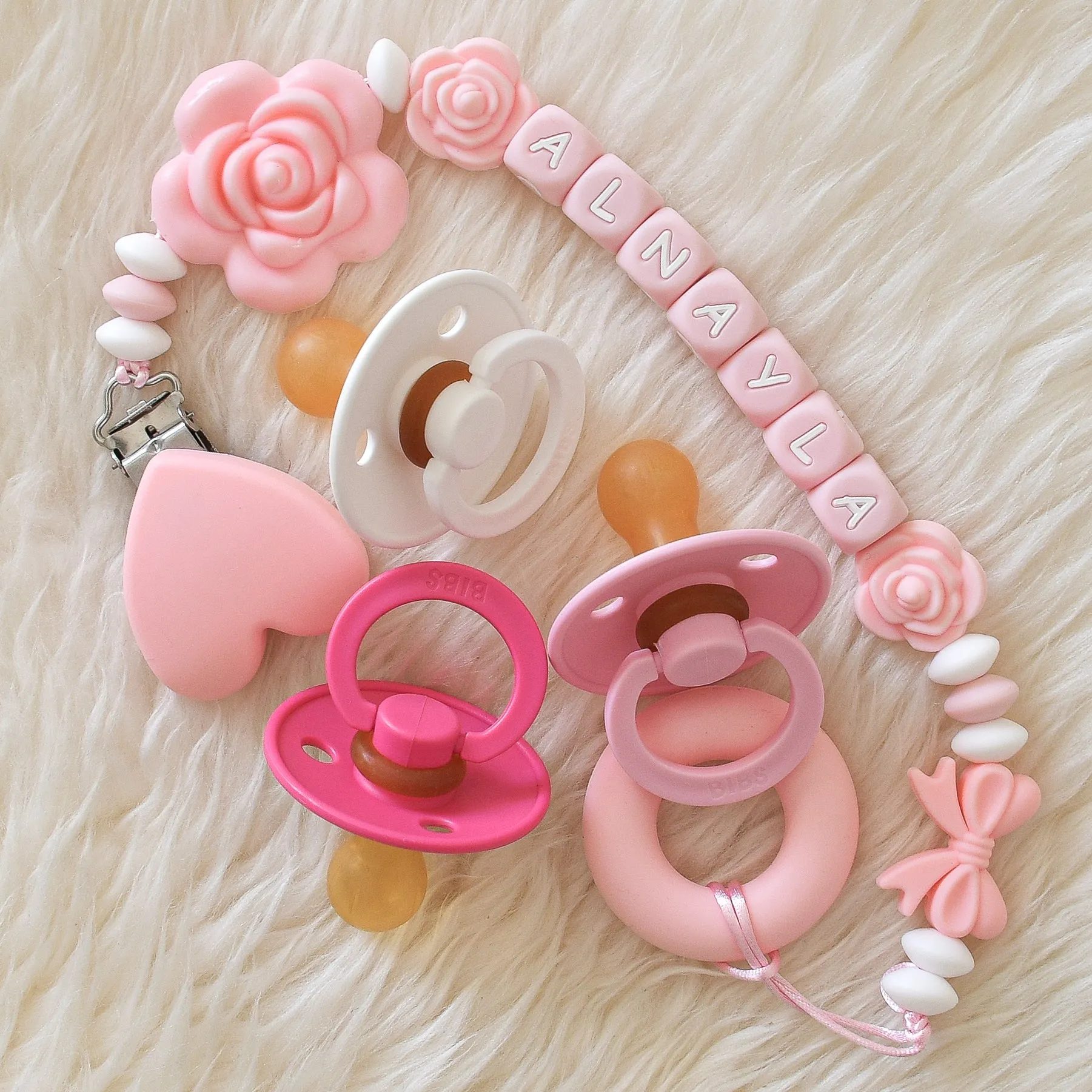 Rose Pacifier Clip & BIBS Pacifiers