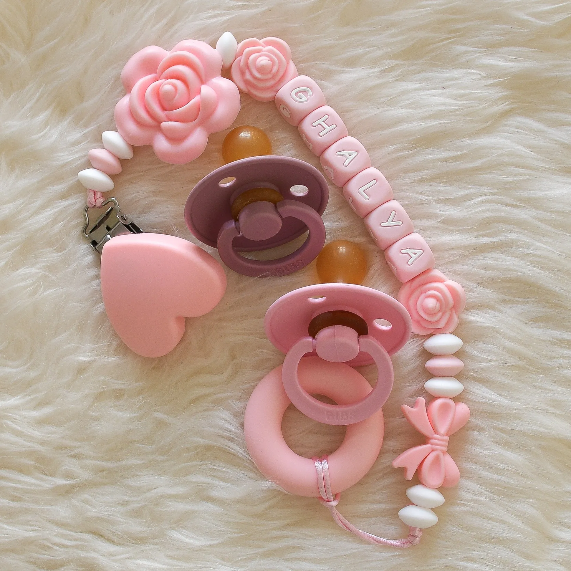 Rose Pacifier Clip & BIBS Pacifiers