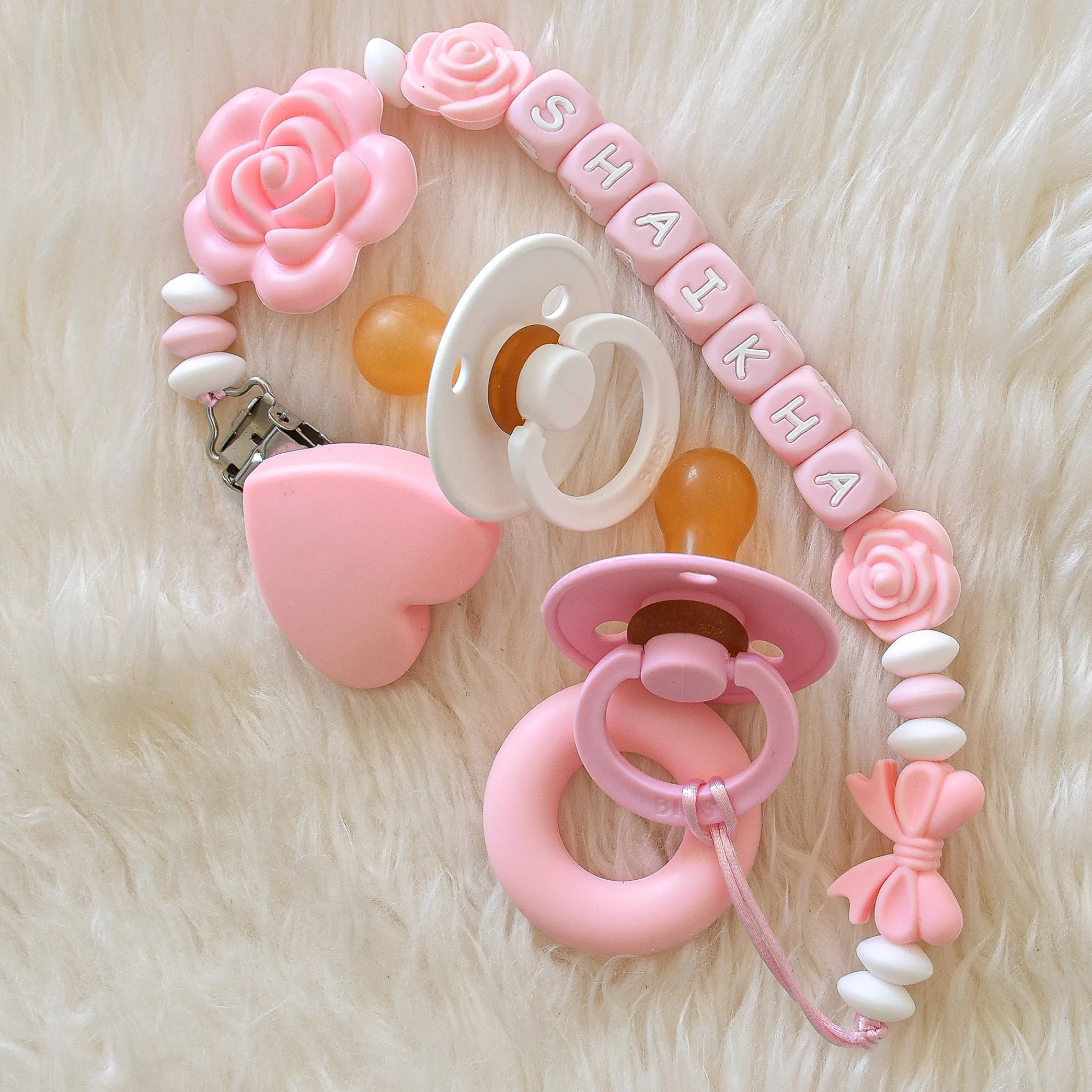 Rose Pacifier Clip & BIBS Pacifiers