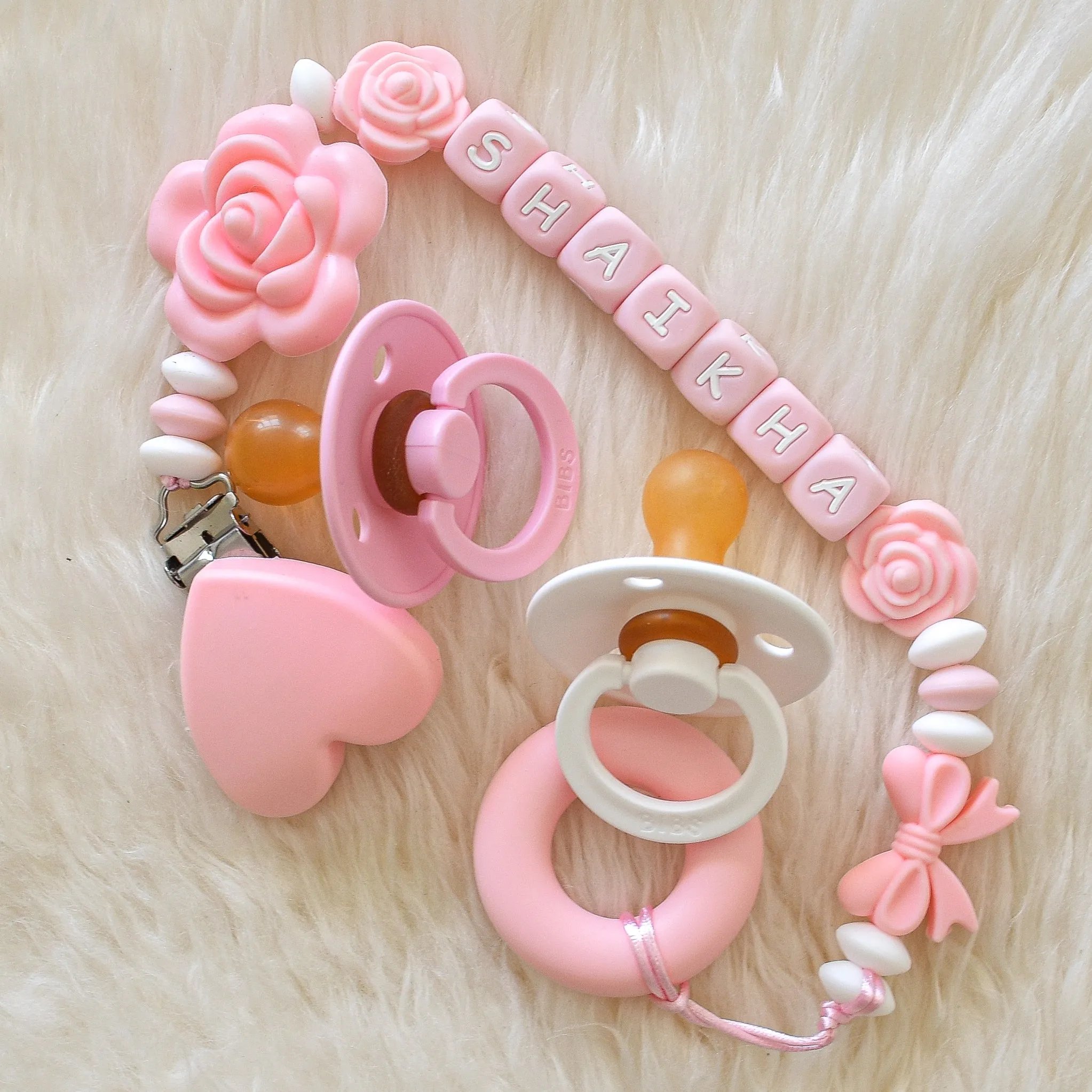 Rose Pacifier Clip & BIBS Pacifiers