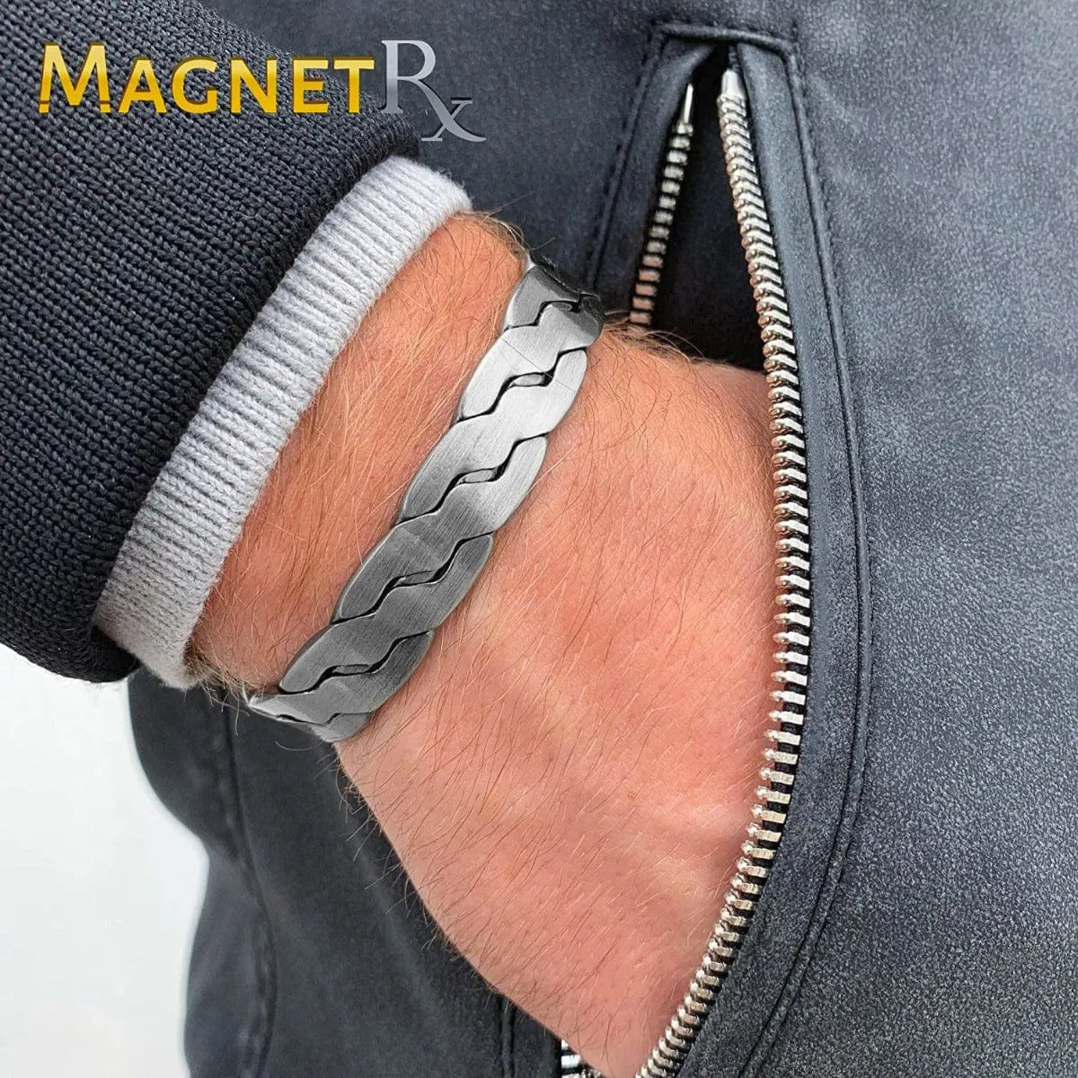 Rugged Twist Magnetic Therapy Bracelet Silver Bangle