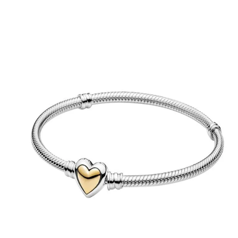 Sterling Silver Heart Round Clasp Chain Bracelets