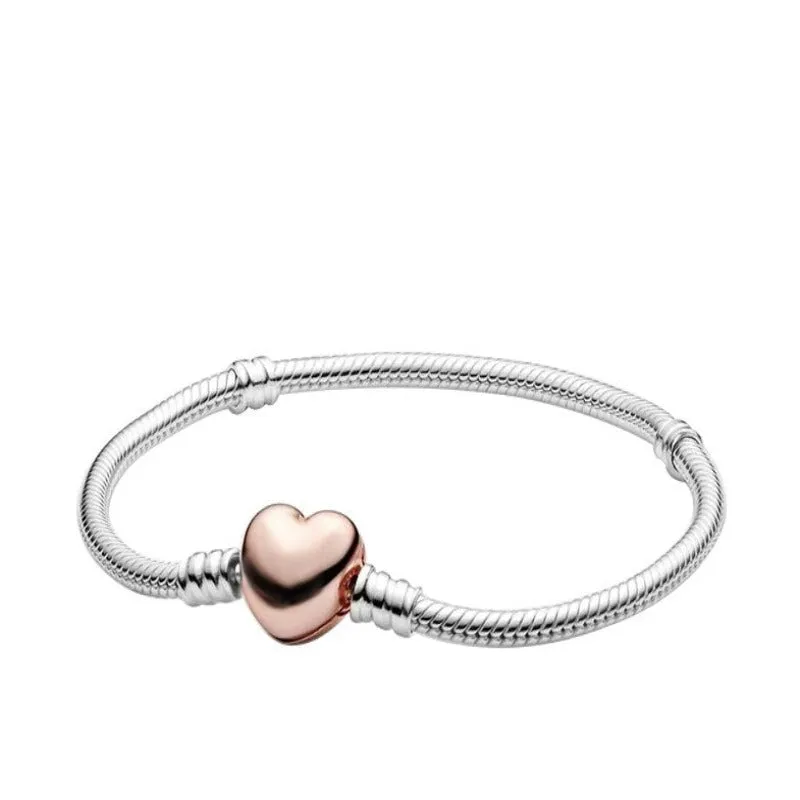 Sterling Silver Heart Round Clasp Chain Bracelets