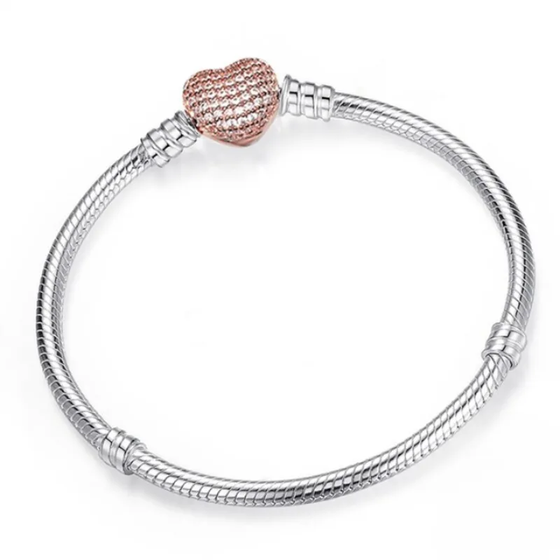 Sterling Silver Heart Round Clasp Chain Bracelets