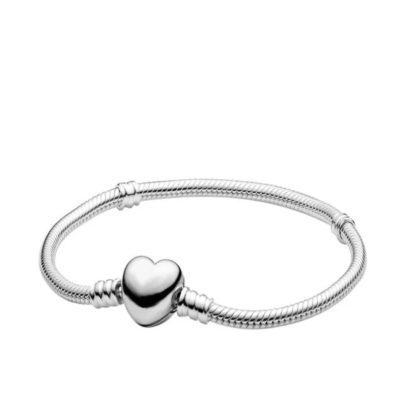 Sterling Silver Heart Round Clasp Chain Bracelets