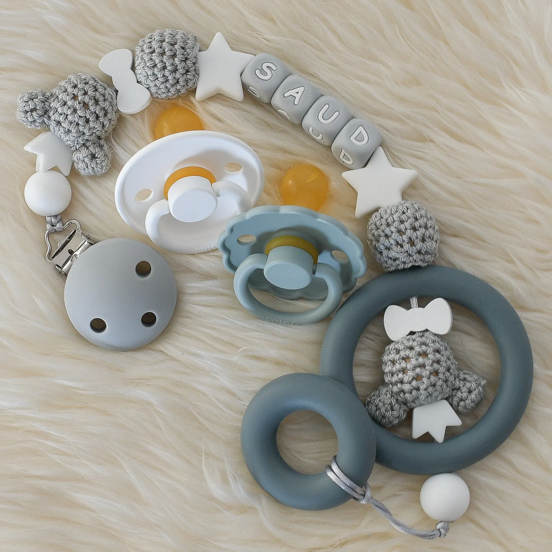 Teddy Bear Silicone Pacifier Clip Set