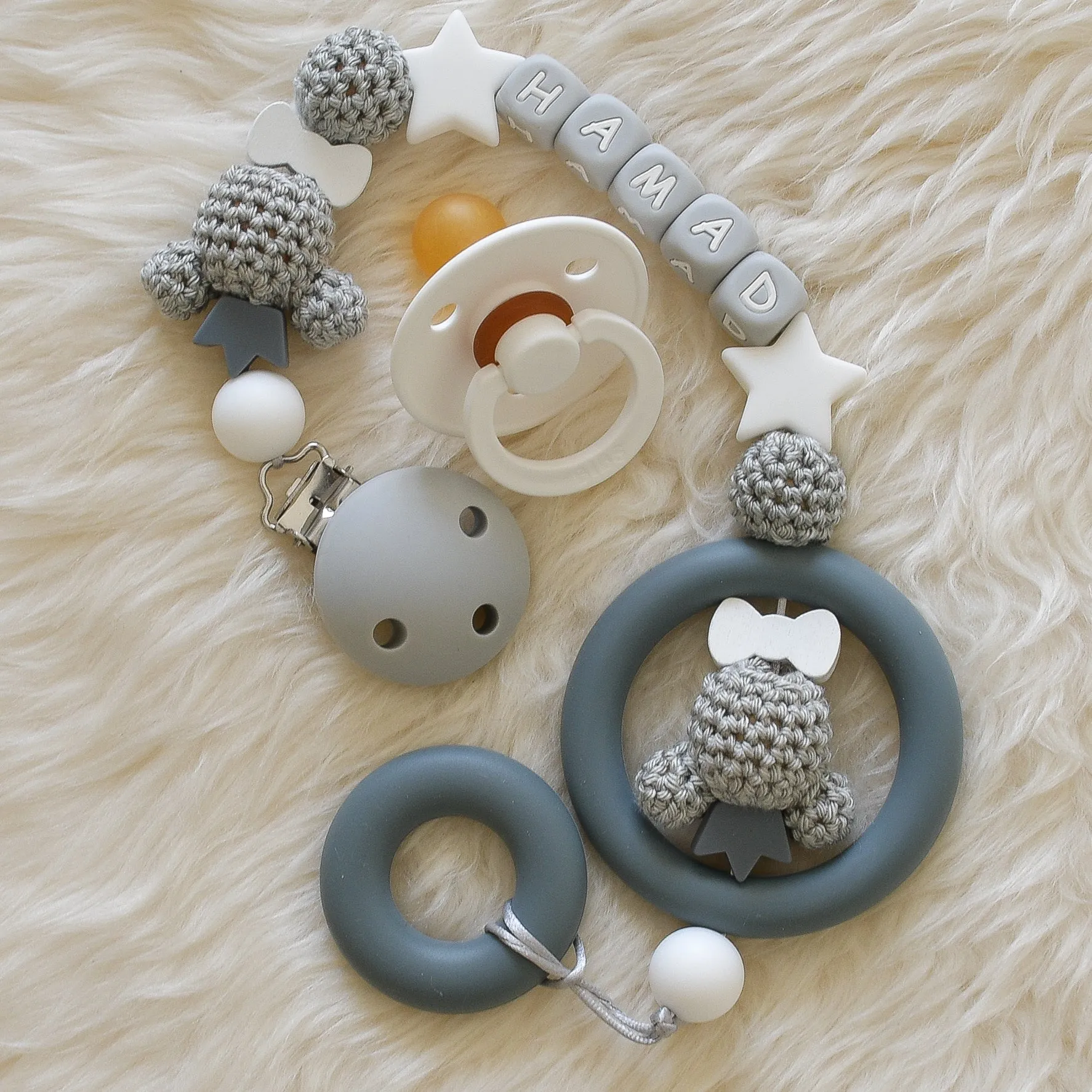 Teddy Bear Silicone Pacifier Clip Set