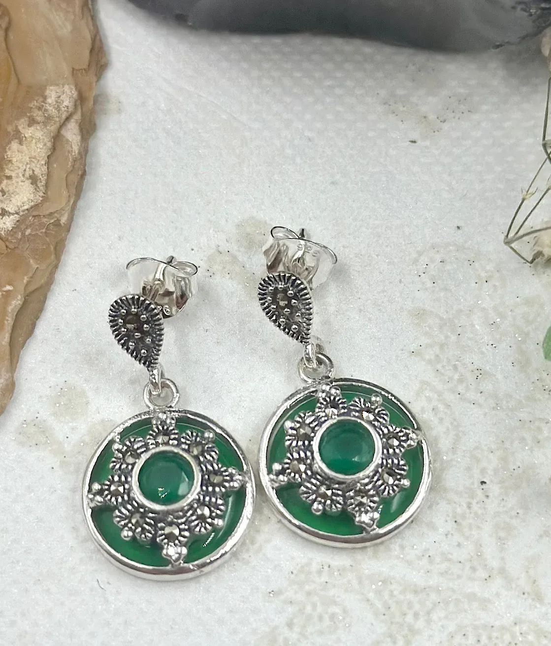 The Silver Marcasite Earrings (Green)