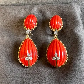 Vintage Coral & Diamond Drop Earrings